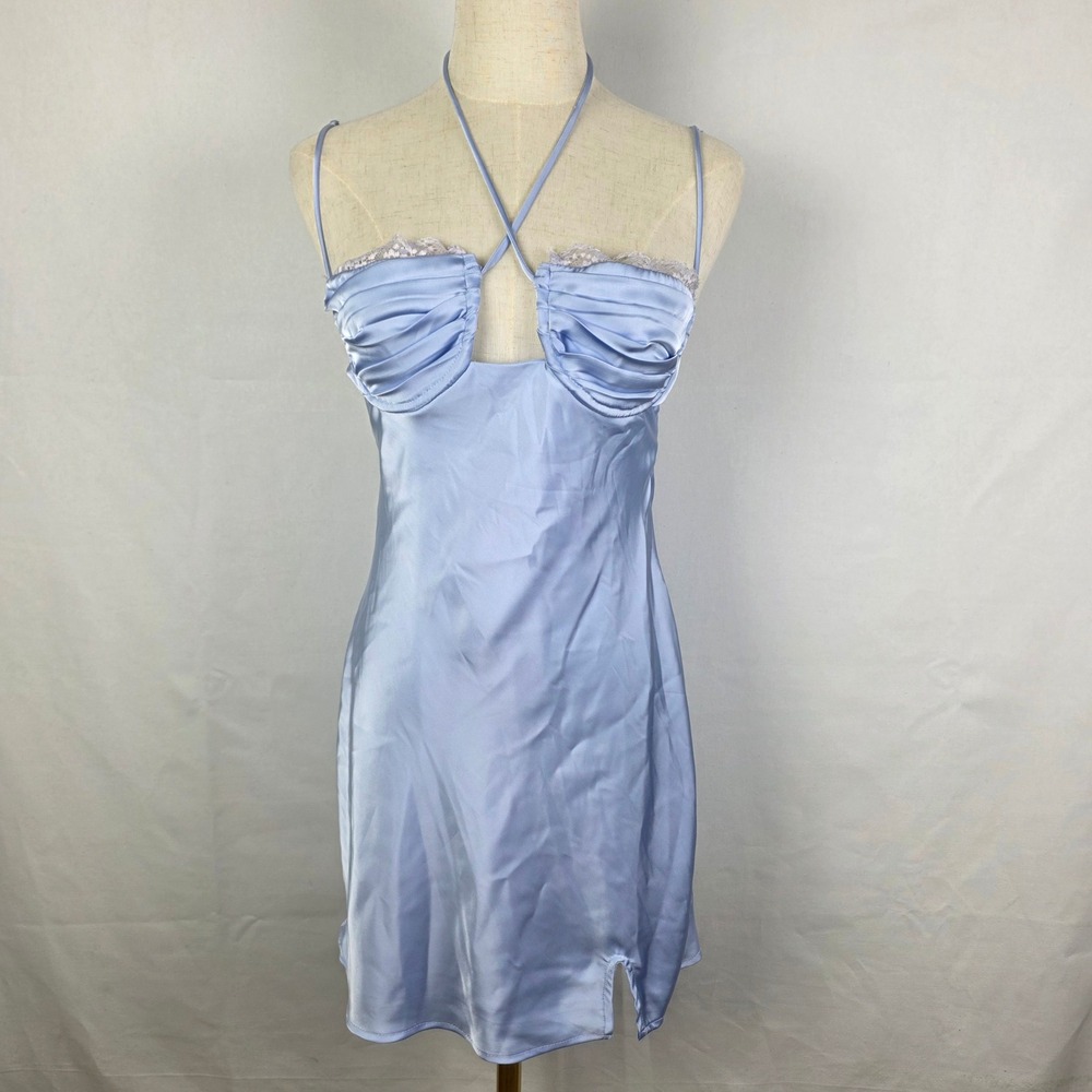 Princess Polly Light Blue Satin Ruched Lace Trim Mini Dress Size US 4 Halter